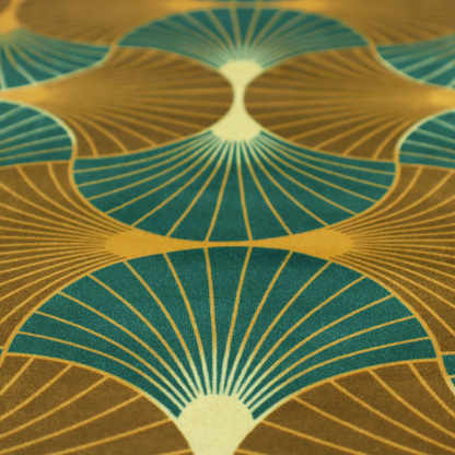 The DP-392-1 fabric features an elegant Art Deco aesthetic, characterized by a rhythmic, interlocking scalloped fan motif that creates a symmetrical "fish scale" layout. This specific variation utilizes a sophisticated, earthy colour palette of deep forest green and muted bronze-brown.