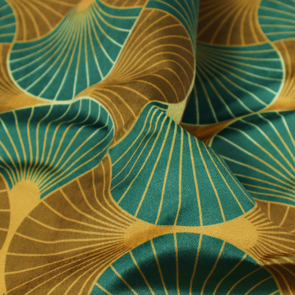 The DP-392-1 fabric features an elegant Art Deco aesthetic, characterized by a rhythmic, interlocking scalloped fan motif that creates a symmetrical "fish scale" layout. This specific variation utilizes a sophisticated, earthy colour palette of deep forest green and muted bronze-brown.