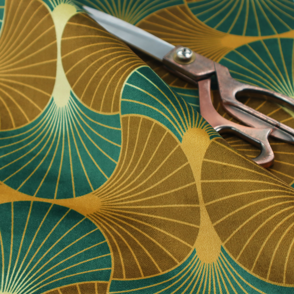 The DP-392-1 fabric features an elegant Art Deco aesthetic, characterized by a rhythmic, interlocking scalloped fan motif that creates a symmetrical "fish scale" layout. This specific variation utilizes a sophisticated, earthy colour palette of deep forest green and muted bronze-brown.