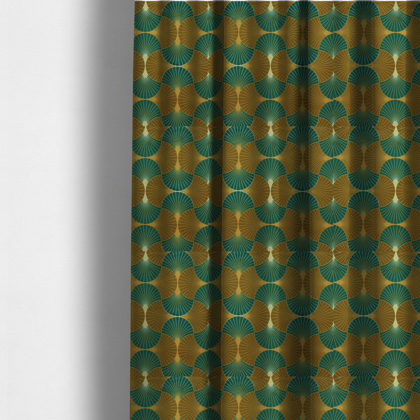 The fabric used to create these made-to-measure curtains, features an elegant Art Deco aesthetic, characterized by a rhythmic, interlocking scalloped fan motif that creates a symmetrical "fish scale" layout. This specific variation utilizes a sophisticated, earthy colour palette of deep forest green and muted bronze-brown.