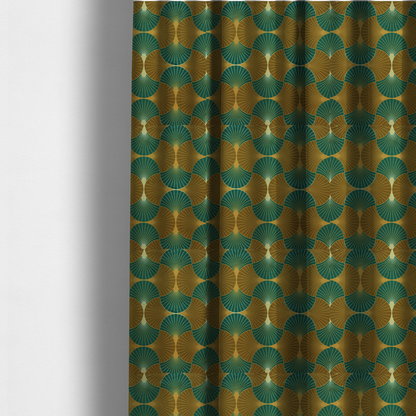The fabric used to create these made-to-measure curtains, features an elegant Art Deco aesthetic, characterized by a rhythmic, interlocking scalloped fan motif that creates a symmetrical "fish scale" layout. This specific variation utilizes a sophisticated, earthy colour palette of deep forest green and muted bronze-brown.