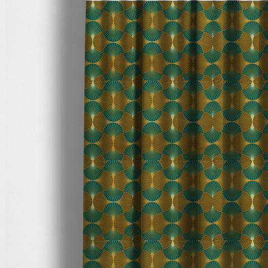 The fabric used to create these made-to-measure curtains, features an elegant Art Deco aesthetic, characterized by a rhythmic, interlocking scalloped fan motif that creates a symmetrical "fish scale" layout. This specific variation utilizes a sophisticated, earthy colour palette of deep forest green and muted bronze-brown.