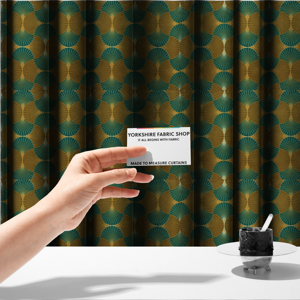 The fabric used to create these made-to-measure curtains, features an elegant Art Deco aesthetic, characterized by a rhythmic, interlocking scalloped fan motif that creates a symmetrical "fish scale" layout. This specific variation utilizes a sophisticated, earthy colour palette of deep forest green and muted bronze-brown.