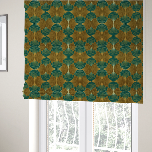 The fabric used to create these Roman blinds features an elegant Art Deco aesthetic, characterized by a rhythmic, interlocking scalloped fan motif that creates a symmetrical "fish scale" layout. This specific variation utilizes a sophisticated, earthy colour palette of deep forest green and muted bronze-brown.