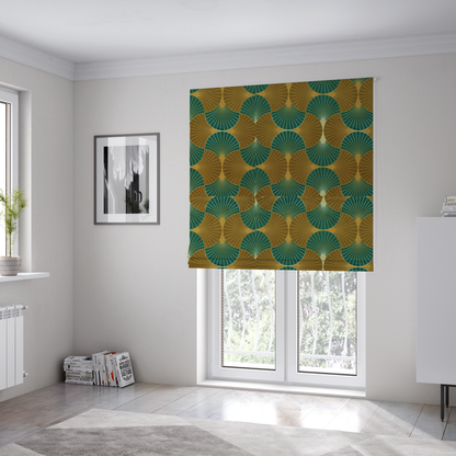 The fabric used to create these Roman blinds features an elegant Art Deco aesthetic, characterized by a rhythmic, interlocking scalloped fan motif that creates a symmetrical "fish scale" layout. This specific variation utilizes a sophisticated, earthy colour palette of deep forest green and muted bronze-brown.