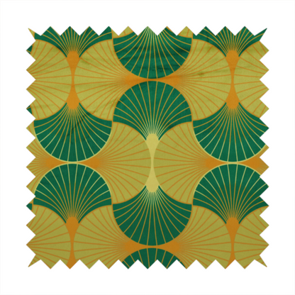 The DP-393-1 fabric features a vibrant and energetic take on the classic Art Deco fan motif, characterized by a citrus-inspired colour palette.