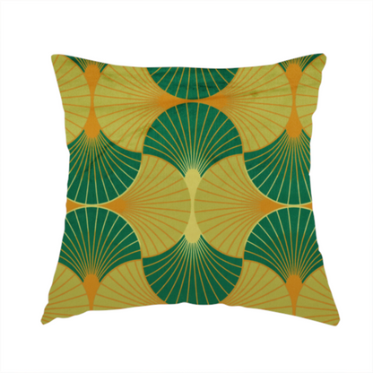The fabric used to create this handmade cushion features a vibrant and energetic take on the classic Art Deco fan motif, characterized by a citrus-inspired colour palette.