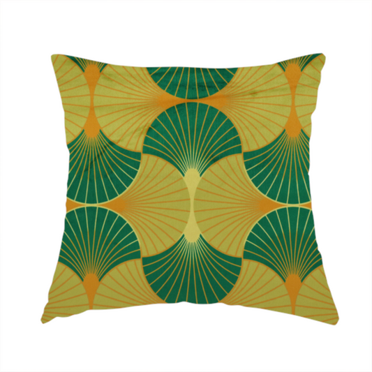 The fabric used to create this handmade cushion features a vibrant and energetic take on the classic Art Deco fan motif, characterized by a citrus-inspired colour palette.