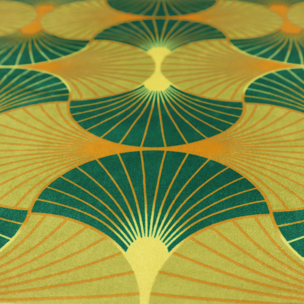 The DP-393-1 fabric features a vibrant and energetic take on the classic Art Deco fan motif, characterized by a citrus-inspired colour palette.