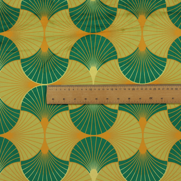 The DP-393-1 fabric features a vibrant and energetic take on the classic Art Deco fan motif, characterized by a citrus-inspired colour palette.