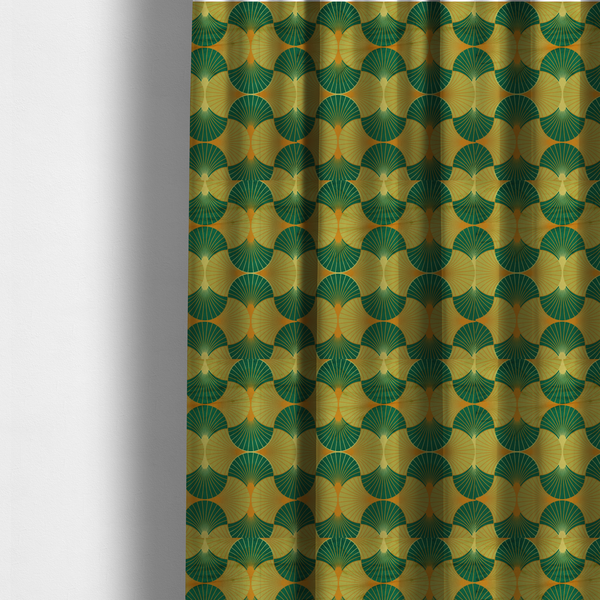 The fabric used to create these made-to-measure curtains, features a vibrant and energetic take on the classic Art Deco fan motif, characterized by a citrus-inspired colour palette.