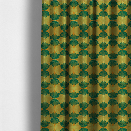 The fabric used to create these made-to-measure curtains, features a vibrant and energetic take on the classic Art Deco fan motif, characterized by a citrus-inspired colour palette.