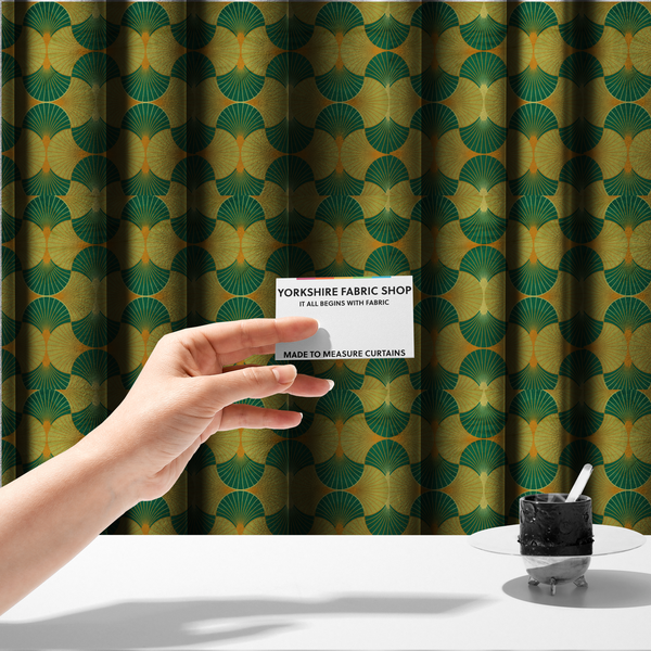 The fabric used to create these made-to-measure curtains, features a vibrant and energetic take on the classic Art Deco fan motif, characterized by a citrus-inspired colour palette.