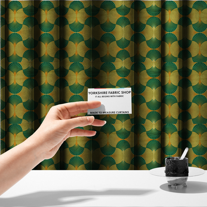 The fabric used to create these made-to-measure curtains, features a vibrant and energetic take on the classic Art Deco fan motif, characterized by a citrus-inspired colour palette.