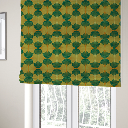 The fabric used to create these Roman blinds features a vibrant and energetic take on the classic Art Deco fan motif, characterized by a citrus-inspired colour palette.