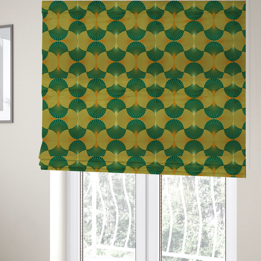 The fabric used to create these Roman blinds features a vibrant and energetic take on the classic Art Deco fan motif, characterized by a citrus-inspired colour palette.