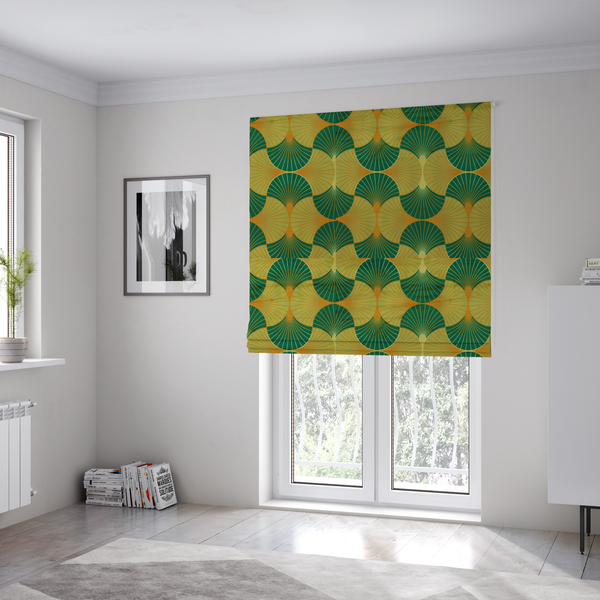 The fabric used to create these Roman blinds features a vibrant and energetic take on the classic Art Deco fan motif, characterized by a citrus-inspired colour palette.