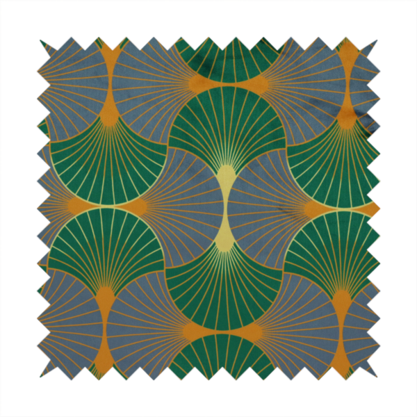 The DP-394-1 fabric features a sophisticated Art Deco aesthetic, characterized by an interlocking scalloped fan motif that creates a rhythmic "fish scale" layout across the textile.