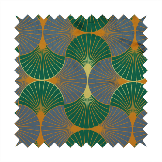 The DP-394-1 fabric features a sophisticated Art Deco aesthetic, characterized by an interlocking scalloped fan motif that creates a rhythmic "fish scale" layout across the textile.