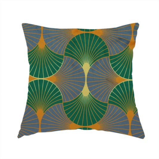 The fabric used to create this handmade cushion features a sophisticated Art Deco aesthetic, characterized by an interlocking scalloped fan motif that creates a rhythmic "fish scale" layout across the textile.