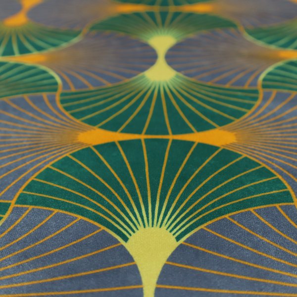 The DP-394-1 fabric features a sophisticated Art Deco aesthetic, characterized by an interlocking scalloped fan motif that creates a rhythmic "fish scale" layout across the textile.