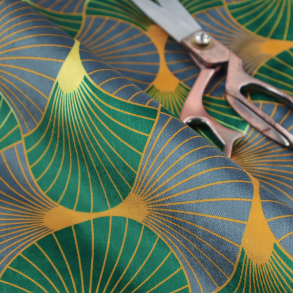 The DP-394-1 fabric features a sophisticated Art Deco aesthetic, characterized by an interlocking scalloped fan motif that creates a rhythmic "fish scale" layout across the textile.