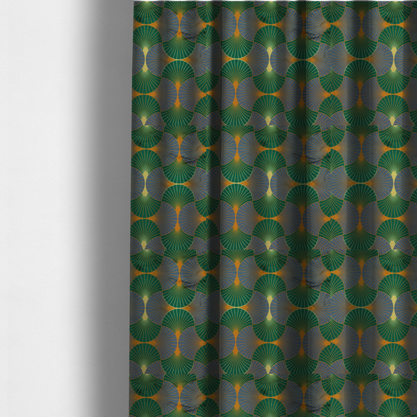 The fabric used to create these made-to-measure curtains, features a sophisticated Art Deco aesthetic, characterized by an interlocking scalloped fan motif that creates a rhythmic "fish scale" layout across the textile.
