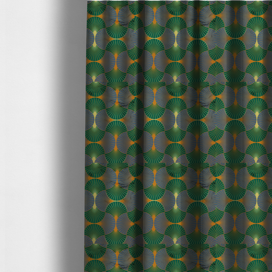 The fabric used to create these made-to-measure curtains, features a sophisticated Art Deco aesthetic, characterized by an interlocking scalloped fan motif that creates a rhythmic "fish scale" layout across the textile.