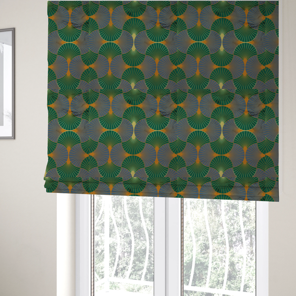The fabric used to create these Roman blinds features a sophisticated Art Deco aesthetic, characterized by an interlocking scalloped fan motif that creates a rhythmic "fish scale" layout across the textile.
