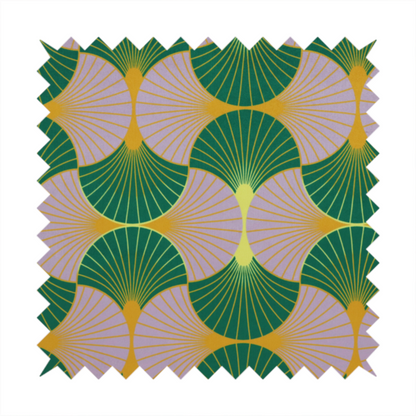 The DP-395-1 fabric features an elegant and playful Art Deco aesthetic, characterized by its interlocking scalloped fan motif and a unique, soft colour palette.
