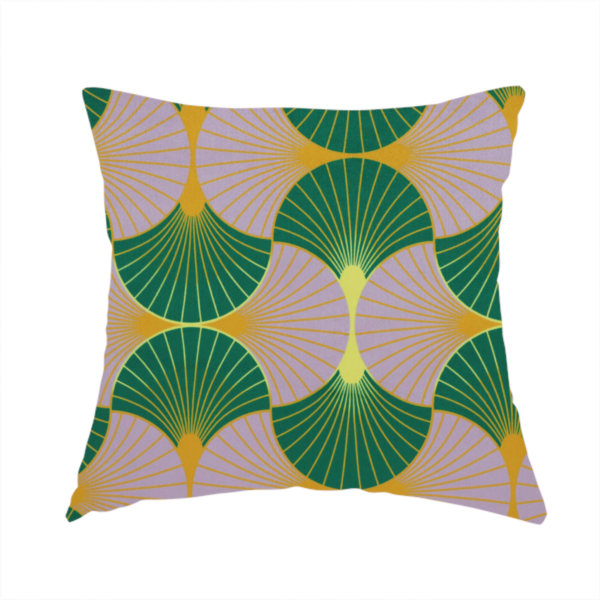 The fabric used to create this handmade cushion features an elegant and playful Art Deco aesthetic, characterized by its interlocking scalloped fan motif and a unique, soft colour palette.