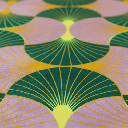 The DP-395-1 fabric features an elegant and playful Art Deco aesthetic, characterized by its interlocking scalloped fan motif and a unique, soft colour palette.