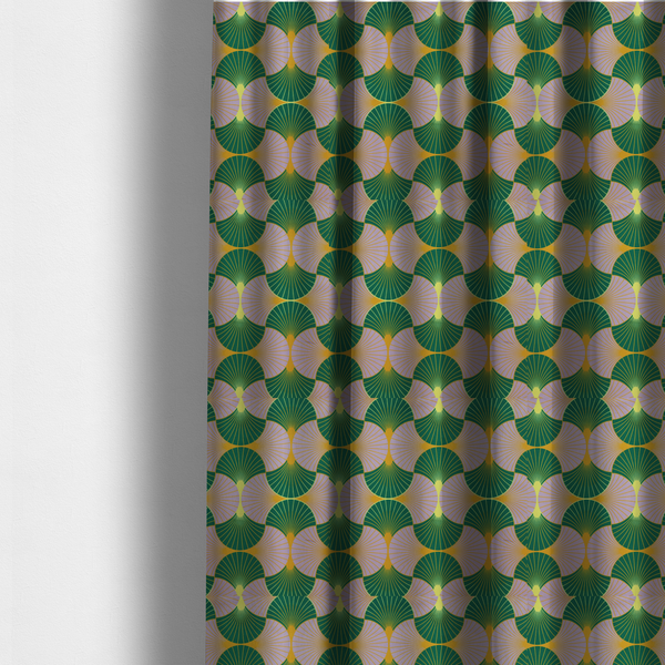 The fabric used to create these made-to-measure curtains, features an elegant and playful Art Deco aesthetic, characterized by its interlocking scalloped fan motif and a unique, soft colour palette.