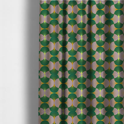 The fabric used to create these made-to-measure curtains, features an elegant and playful Art Deco aesthetic, characterized by its interlocking scalloped fan motif and a unique, soft colour palette.
