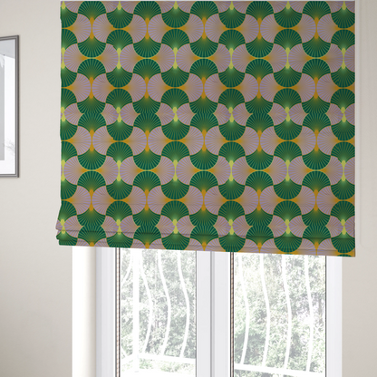 The fabric used to create these Roman blinds, features an elegant and playful Art Deco aesthetic, characterized by its interlocking scalloped fan motif and a unique, soft colour palette.