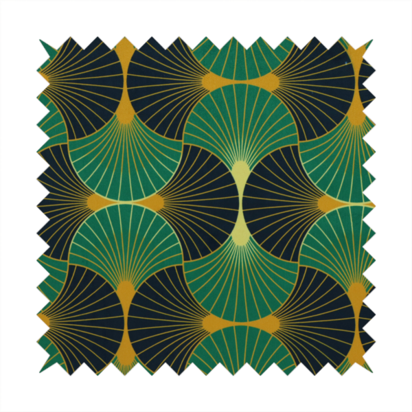 The DP-396-1 fabric features a striking and formal Art Deco aesthetic, characterized by its rhythmic, interlocking scalloped fan motif. This specific variation utilizes a high-contrast, jewel-toned colour palette that emphasizes geometric depth.
