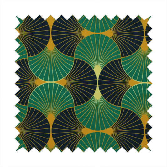 The DP-396-1 fabric features a striking and formal Art Deco aesthetic, characterized by its rhythmic, interlocking scalloped fan motif. This specific variation utilizes a high-contrast, jewel-toned colour palette that emphasizes geometric depth.