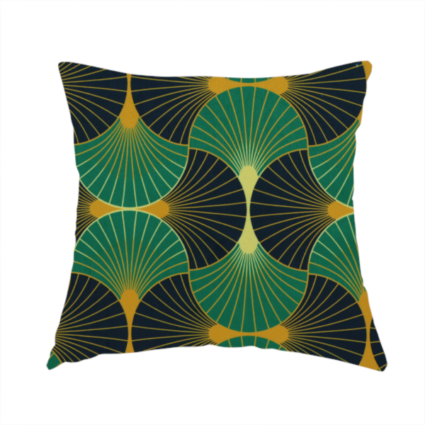 The fabric used to create this handmade cushion features a striking and formal Art Deco aesthetic, characterized by its rhythmic, interlocking scalloped fan motif. This specific variation utilizes a high-contrast, jewel-toned colour palette that emphasizes geometric depth.