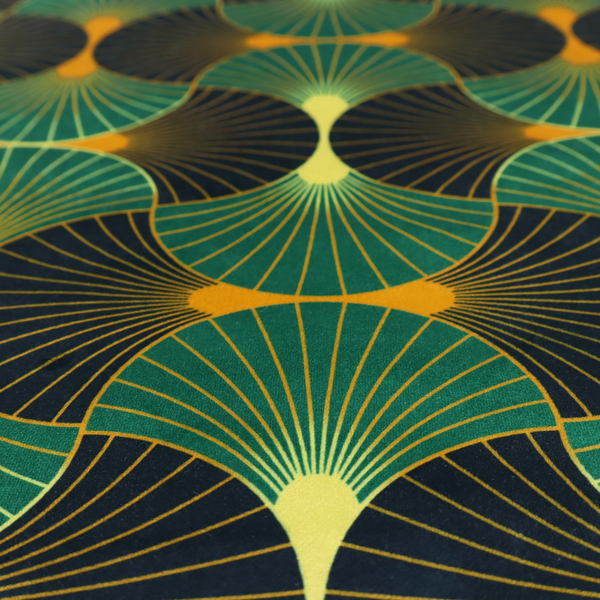 The DP-396-1 fabric features a striking and formal Art Deco aesthetic, characterized by its rhythmic, interlocking scalloped fan motif. This specific variation utilizes a high-contrast, jewel-toned colour palette that emphasizes geometric depth.