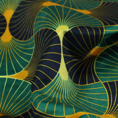 The DP-396-1 fabric features a striking and formal Art Deco aesthetic, characterized by its rhythmic, interlocking scalloped fan motif. This specific variation utilizes a high-contrast, jewel-toned colour palette that emphasizes geometric depth.
