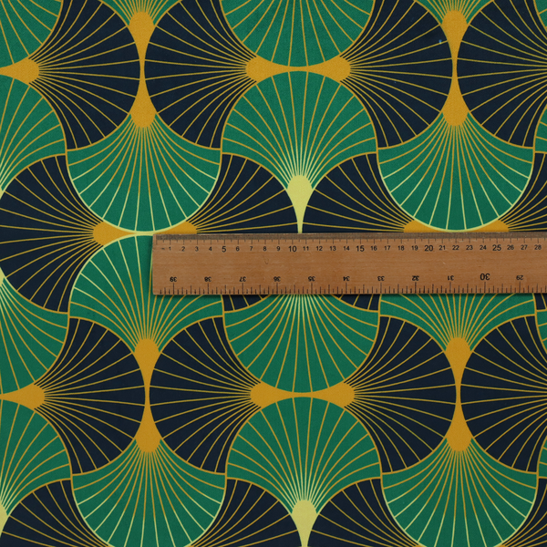 The DP-396-1 fabric features a striking and formal Art Deco aesthetic, characterized by its rhythmic, interlocking scalloped fan motif. This specific variation utilizes a high-contrast, jewel-toned colour palette that emphasizes geometric depth.