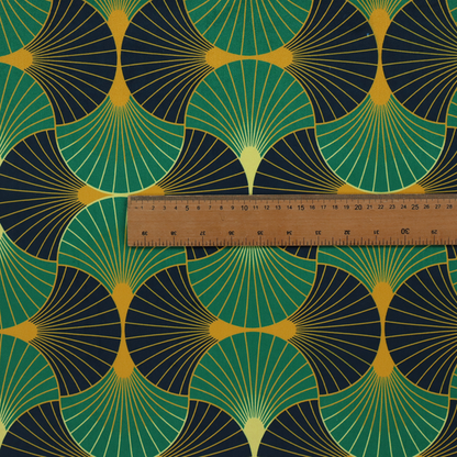 The DP-396-1 fabric features a striking and formal Art Deco aesthetic, characterized by its rhythmic, interlocking scalloped fan motif. This specific variation utilizes a high-contrast, jewel-toned colour palette that emphasizes geometric depth.