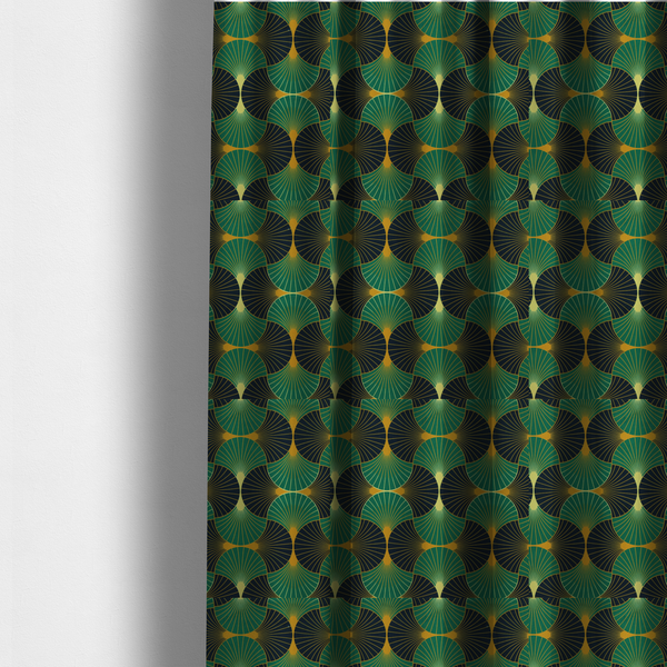 The fabric used to create these made-to-measure curtains features a striking and formal Art Deco aesthetic, characterized by its rhythmic, interlocking scalloped fan motif. This specific variation utilizes a high-contrast, jewel-toned colour palette that emphasizes geometric depth.