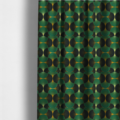 The fabric used to create these made-to-measure curtains features a striking and formal Art Deco aesthetic, characterized by its rhythmic, interlocking scalloped fan motif. This specific variation utilizes a high-contrast, jewel-toned colour palette that emphasizes geometric depth.