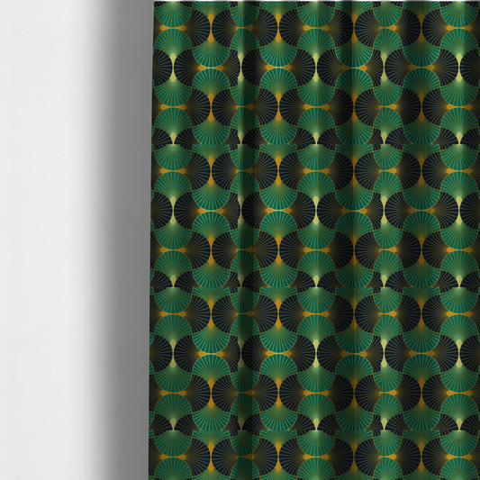 The fabric used to create these made-to-measure curtains features a striking and formal Art Deco aesthetic, characterized by its rhythmic, interlocking scalloped fan motif. This specific variation utilizes a high-contrast, jewel-toned colour palette that emphasizes geometric depth.