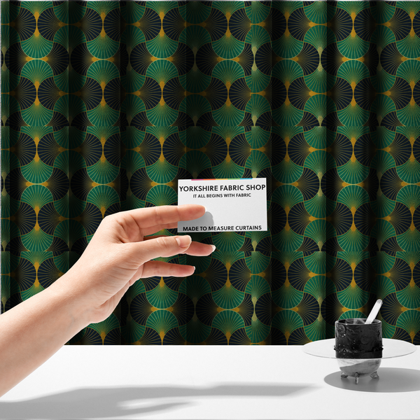 The fabric used to create these made-to-measure curtains features a striking and formal Art Deco aesthetic, characterized by its rhythmic, interlocking scalloped fan motif. This specific variation utilizes a high-contrast, jewel-toned colour palette that emphasizes geometric depth.