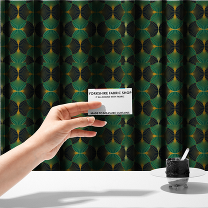 The fabric used to create these made-to-measure curtains features a striking and formal Art Deco aesthetic, characterized by its rhythmic, interlocking scalloped fan motif. This specific variation utilizes a high-contrast, jewel-toned colour palette that emphasizes geometric depth.