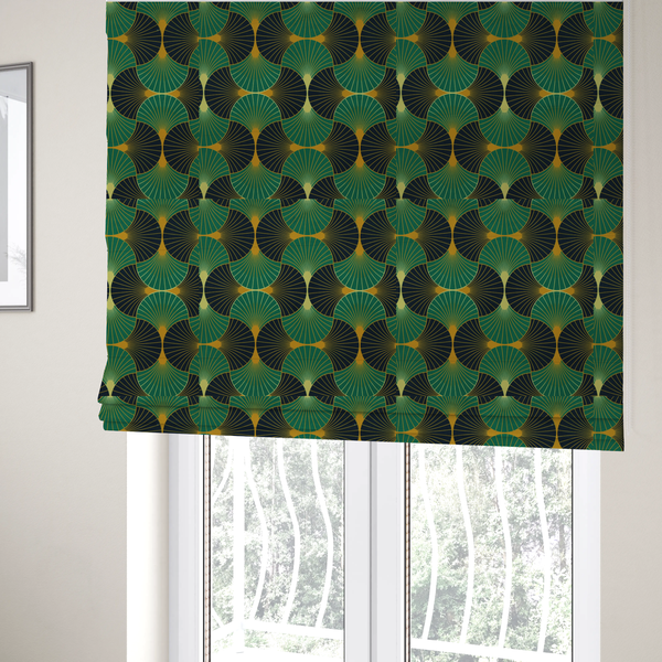 The fabric used to create these Roman blinds features a striking and formal Art Deco aesthetic, characterized by its rhythmic, interlocking scalloped fan motif. This specific variation utilizes a high-contrast, jewel-toned colour palette that emphasizes geometric depth.