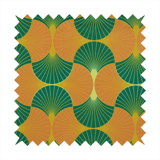The DP-397-1 fabric showcases a vibrant and warm Art Deco aesthetic, featuring a rhythmic, interlocking scalloped fan motif in a "fish scale" arrangement. This specific colourway utilizes a bold, high-contrast palette of deep forest green and saturated orange fans.