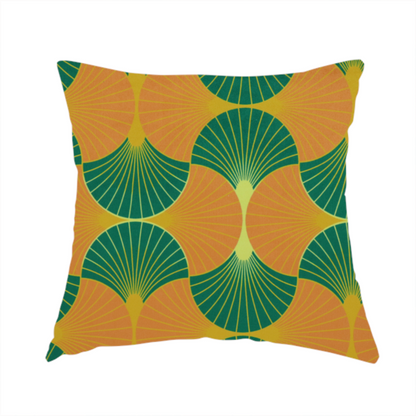 The fabric used to create this handmade cushion showcases a vibrant and warm Art Deco aesthetic, featuring a rhythmic, interlocking scalloped fan motif in a "fish scale" arrangement. This specific colourway utilizes a bold, high-contrast palette of deep forest green and saturated orange fans.
